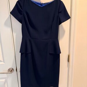 Elie Tahari Navy Sheath Midi Dress with Bateau Neckline